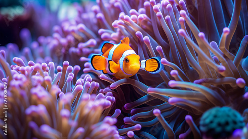  Close up of clownfish hiding in sea anemone