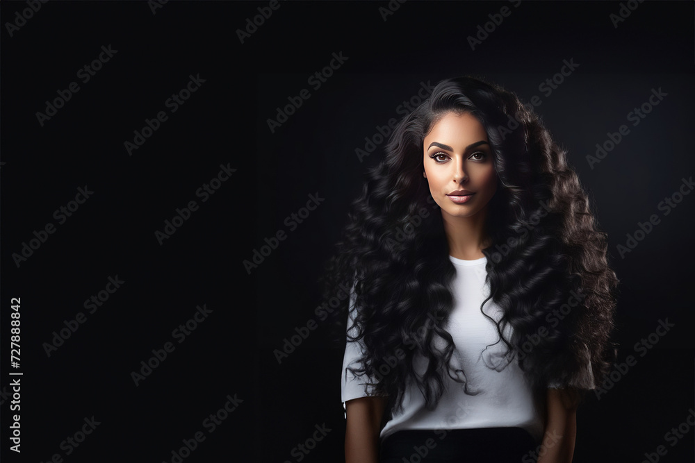 Fototapeta premium Black hair woman. Beautiful brunette hairstyle fashion portrait with beauty long black hair over black background. fashion interior photo of gorgeous woman with long dark hair