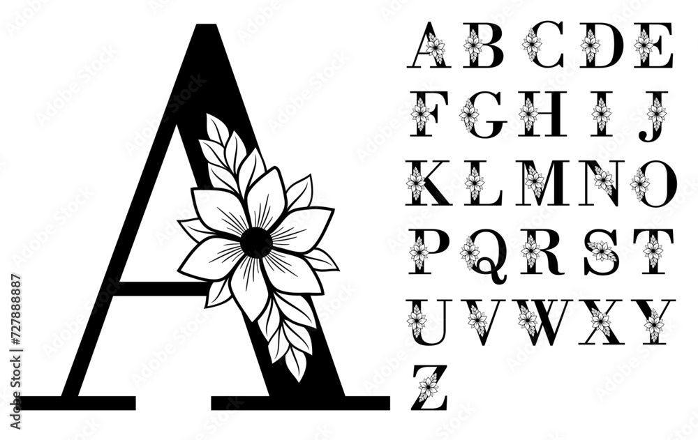 Floral monogram Letter Set AZ SVG , Floral Font Vector Design, Floral