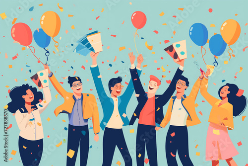 An image portraying a milestone celebration, employees are commemorating achievements and successes together, Vector illustrative photograph of young people surrounded by confetti and party elements