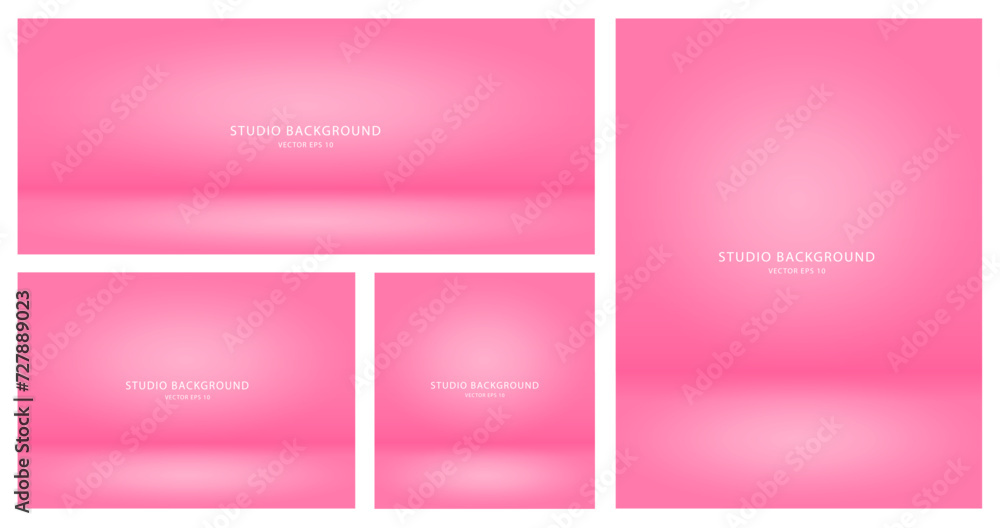 A set of blank pink studio backgrounds. A collection of empty studio rooms for a photo shoot or presentation. Vector EPS 10.