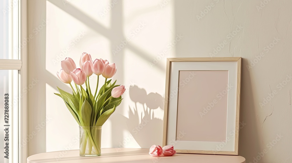 An empty photo frame adorned with pink tulips, offering a picturesque setting with ample copy space for text. An empty photo frame adorned with pink tulips, offering a picturesque setting with ample copy space for text.