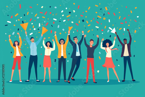 An image portraying a milestone celebration, employees are commemorating achievements and successes together, Vector illustrative photograph of young people surrounded by confetti and party elements photo