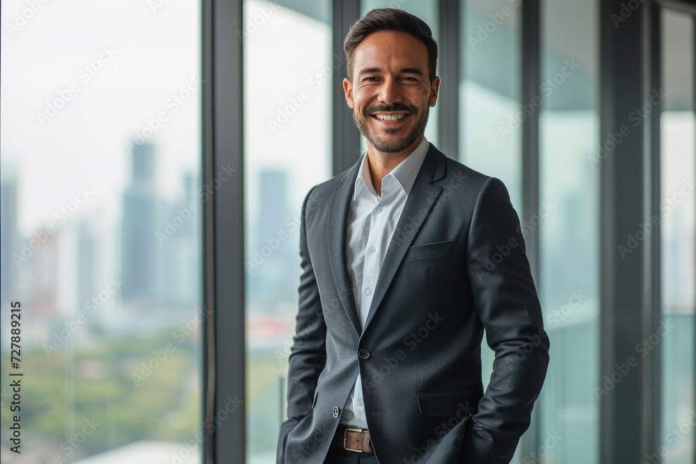 A confident male entrepreneur standing in a modern office with city skyline in the background, wearing a tailored suit and smiling at the camera. A confident male entrepreneur standing in a modern office with city skyline in the background, wearing a tailored suit and smiling at the camera.