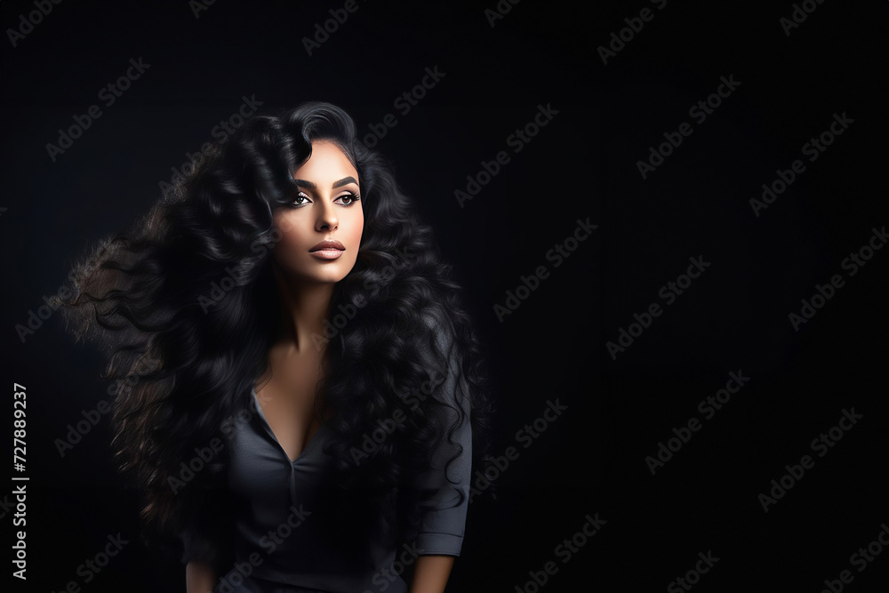 Black hair woman. Beautiful brunette hairstyle fashion portrait with beauty long black hair over black background. fashion interior photo of gorgeous woman with long dark hair Black hair woman. Beautiful brunette hairstyle fashion portrait with beauty long black hair over black background. fashion interior photo of gorgeous woman with long dark hair