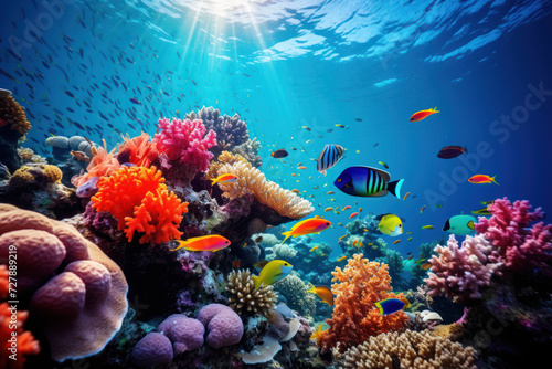An underwater coral reef scene with tropical fish, creating a colorful and dynamic background for text associated with marine life and conservation. Generative Ai. © Sebastian