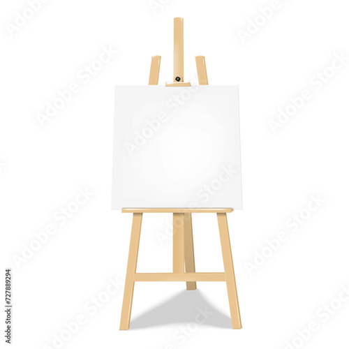Wooden display easel stand with white blank square poster board realistic vector mock-up. Collapsible chalk board banner sign standee mockup