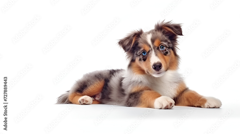 Cute sweet puppy of Australian shepherd or pet posing isolated on white wall, Dog isolated on white background, AI generated