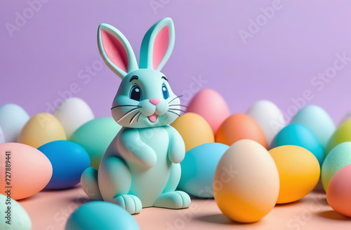 Toy Easter bunny surrounded by Easter eggs in pastel colors. Easter background, a symbol of Easter celebration.