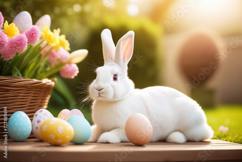 white rabbit is peacefully sitting on a lawn surrounded by colorful Easter eggs and blooming flowers  capturing a classic springtime scene.