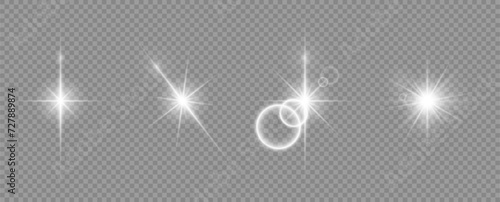 A set of glowing white stars on a gray transparent background. A shimmering, transparent light effect with highlights. Vector illustration.
