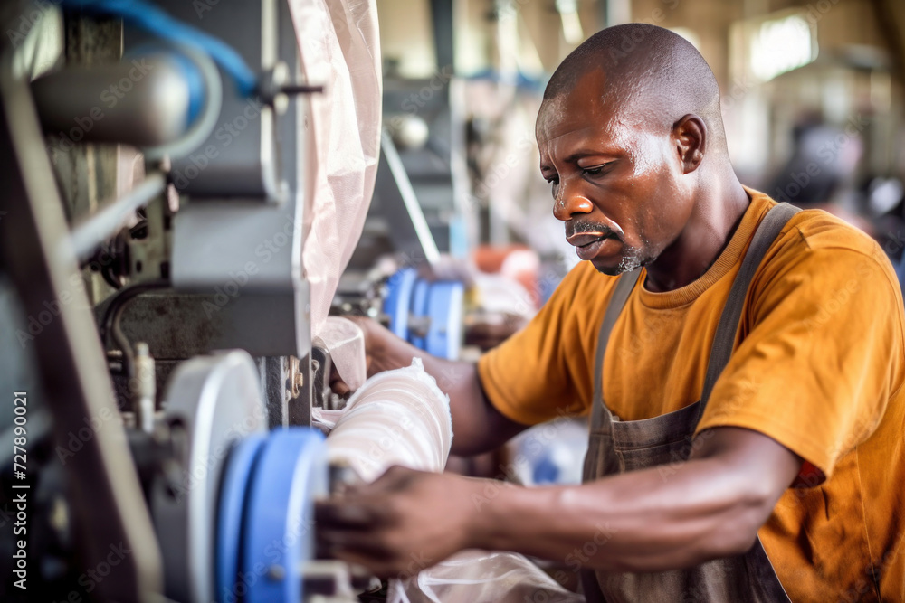 A male manufacturers african working on production line at plastic bag machine. A male manufacturers african working on production line at plastic bag machine.