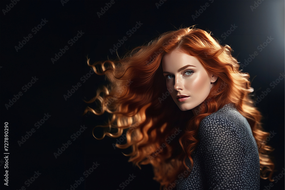 Sexy beautiful redhead girl with long hair. Perfect woman portrait on black background. Gorgeous hair and deep eyes. Natural beauty, clean skin, facial care and hair. Strong and thick hair. Flower Sexy beautiful redhead girl with long hair. Perfect woman portrait on black background. Gorgeous hair and deep eyes. Natural beauty, clean skin, facial care and hair. Strong and thick hair. Flower