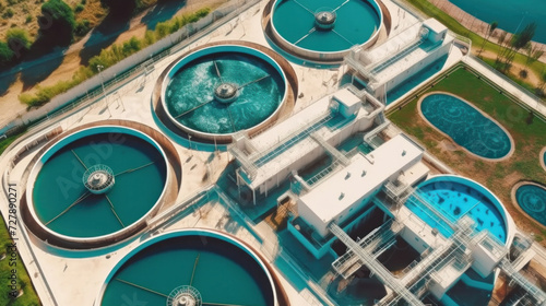 Aerial view of Water Treatment Plant for Purify Water or Environment Conservation. top view