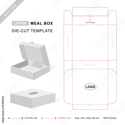 Meal box die cut template large size with 3D blank vector mockup for food packaging