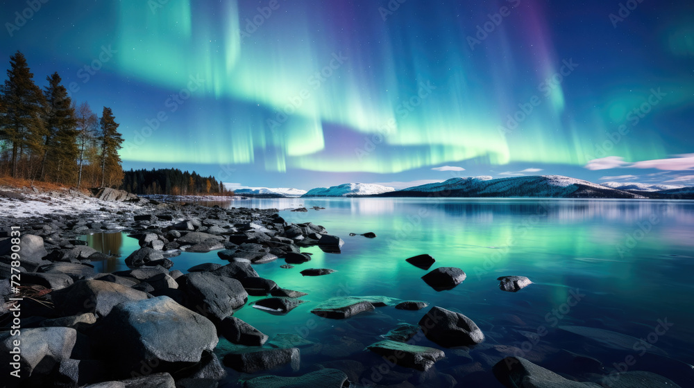 Northern Lights display over a serene snowy lake landscape ideal for travel and tourism advertising highlighting the beauty awe and tranquility of a winter wonder