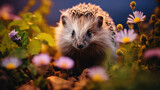 Cute hedgehog amidst vibrant flowers for children's books or educational material promoting wildlife awareness