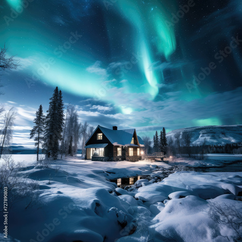 Secluded cabin under the magical Northern Lights ideal for winter tourism and travel in a cold serene snowy landscape