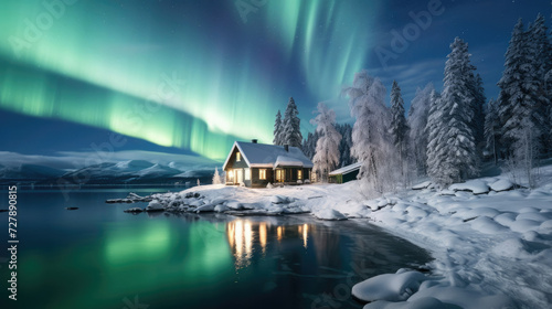 Winter cabin under a serene aurora borealis perfect for travel and tourism in a tranquil snowy landscape getaway