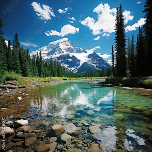 Serene mountain landscape with a clear river reflecting snow-capped peaks ideal for travel and eco-friendly tourism