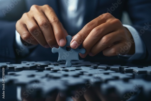 A businessman's hands assembling a puzzle, close-up on the pieces, symbolizing problem-solving and strategic thinking. photo