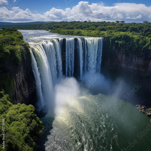 Majestic waterfall surrounded by lush greenery evoking awe and serenity perfect for nature tourism and eco-tourism advertising