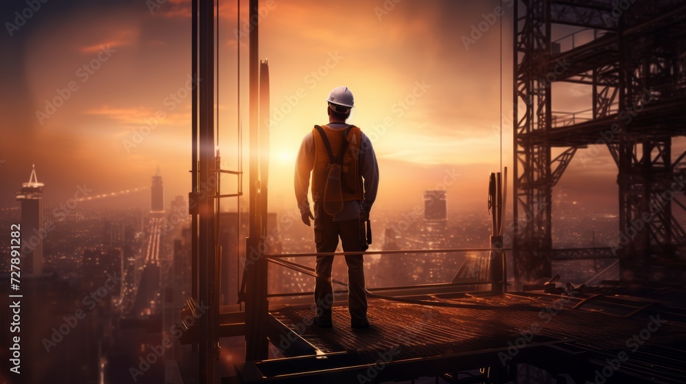 Builder at sunset. Silhouette of male architect. Neural network AI generated art Builder at sunset. Silhouette of male architect. Neural network AI generated art