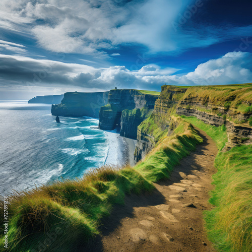 Scenic view of rugged cliffs along the Atlantic Ocean in Ireland perfect for tourism and outdoor adventure with sunlight green grass and tranquil atmosphere