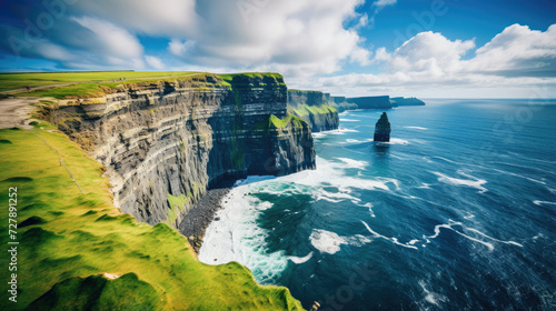 Scenic view of the Cliffs of Moher under bright sunlight showcasing travel destination and natural beauty