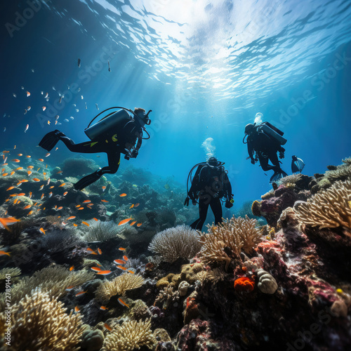 Scuba divers exploring vibrant coral reef with marine life depicting adventure tourism and underwater discovery in a tropical ocean