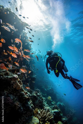 Scuba diver exploring the tranquil underwater world with vibrant coral reef and marine life ideal for tourism and eco-friendly travel advertising © Made360