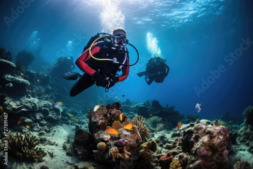 Scuba divers exploring a vibrant coral reef with tropical fish in a tranquil underwater scene suitable for leisure and tourism industries photo
