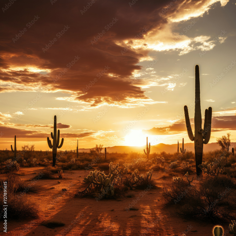 Serene desert sunset with cacti and dramatic sky perfect for travel and tourism in the American Southwest embodying tranquility and natural beauty