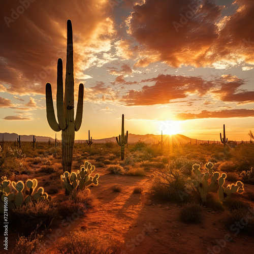 Sunset in the desert with Saguaro and prickly pear cacti creating a tranquil travel tourism scene for nature exploration and Southwest American adventure