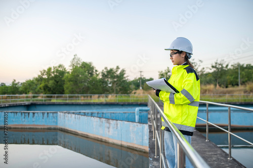 Environmental engineers work at wastewater treatment plants,Water supply engineering working at Water recycling plant for reuse