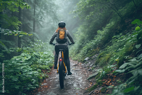 Woman cycling through foggy forest path promoting nature exploration ecotourism and healthy lifestyle