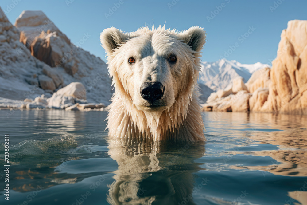 Polar bear swimming in Arctic waters amidst icebergs signifying wildlife endangered species environmental conservation and climate change