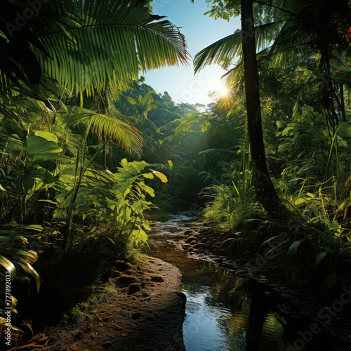 Serene Jungle Stream at Sunrise for Relaxation and Eco-tourism