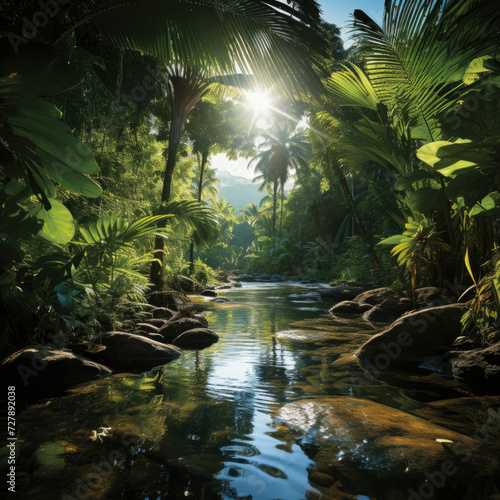 Serene tropical jungle river with sunlight and lush greenery ideal for travel and tourism