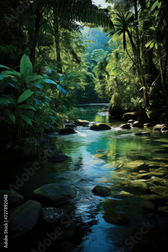 Scenic tropical rainforest with serene river for eco-tourism and nature exploration