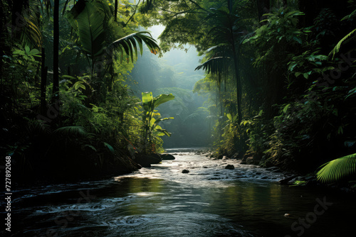 Secluded river flowing through vibrant tropical jungle perfect for eco-tourism and adventure travel