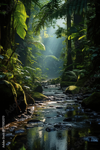 Serene tropical forest with a gentle stream a concept of eco-tourism and conservation evoking tranquility and exploration in a lush green environment