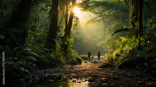 Hikers walking on a path in a lush green forest with streaming sunlight creating a serene atmosphere suitable for eco-tourism and nature exploration themes