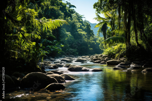 Serene tropical river with lush palms serene atmosphere perfect for travel and adventure in a pristine environment