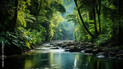 Serene tropical rainforest with river perfect for eco-tourism and relaxation