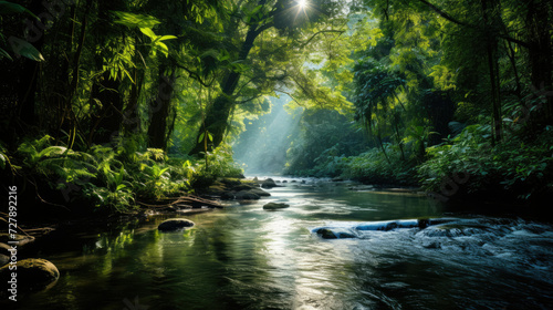 Sunlight filtering through green foliage in a tranquil forest scene  ideal for travel and ecology related industries