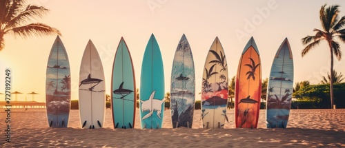 Surfboards on the beach at sunset. Surfboards on the beach. Vacation Concept with Copy Space. Surfboards on the beach. Panoramic banner. vacation concept.  © John Martin