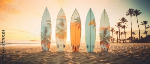 Surfboards on the beach at sunset. Surfboards on the beach. Vacation Concept with Copy Space. Surfboards on the beach. Panoramic banner. vacation concept. 