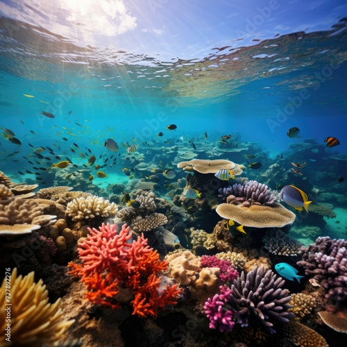 Underwater coral reef with tropical fish in a serene ecosystem promoting marine biology eco-tourism and conservation