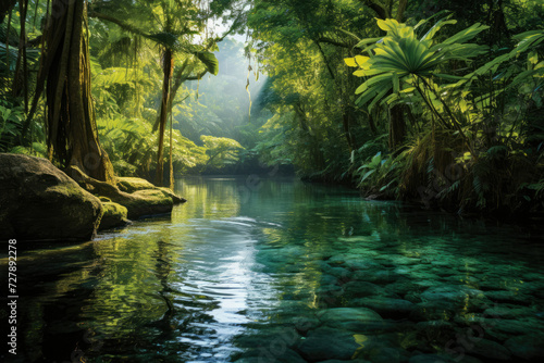 Serene Jungle River Scene Ideal for Eco Tourism and Travel Destinations Tranquil Lush Greenery Clear Waters and Sunny Vibration